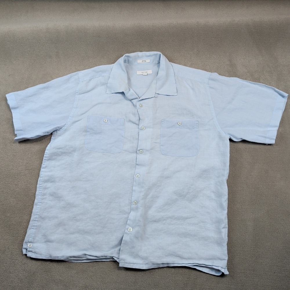 Visitor XL Linen Shirt Mens Blue Short Sleeve Camp Collar Button Down Casual
